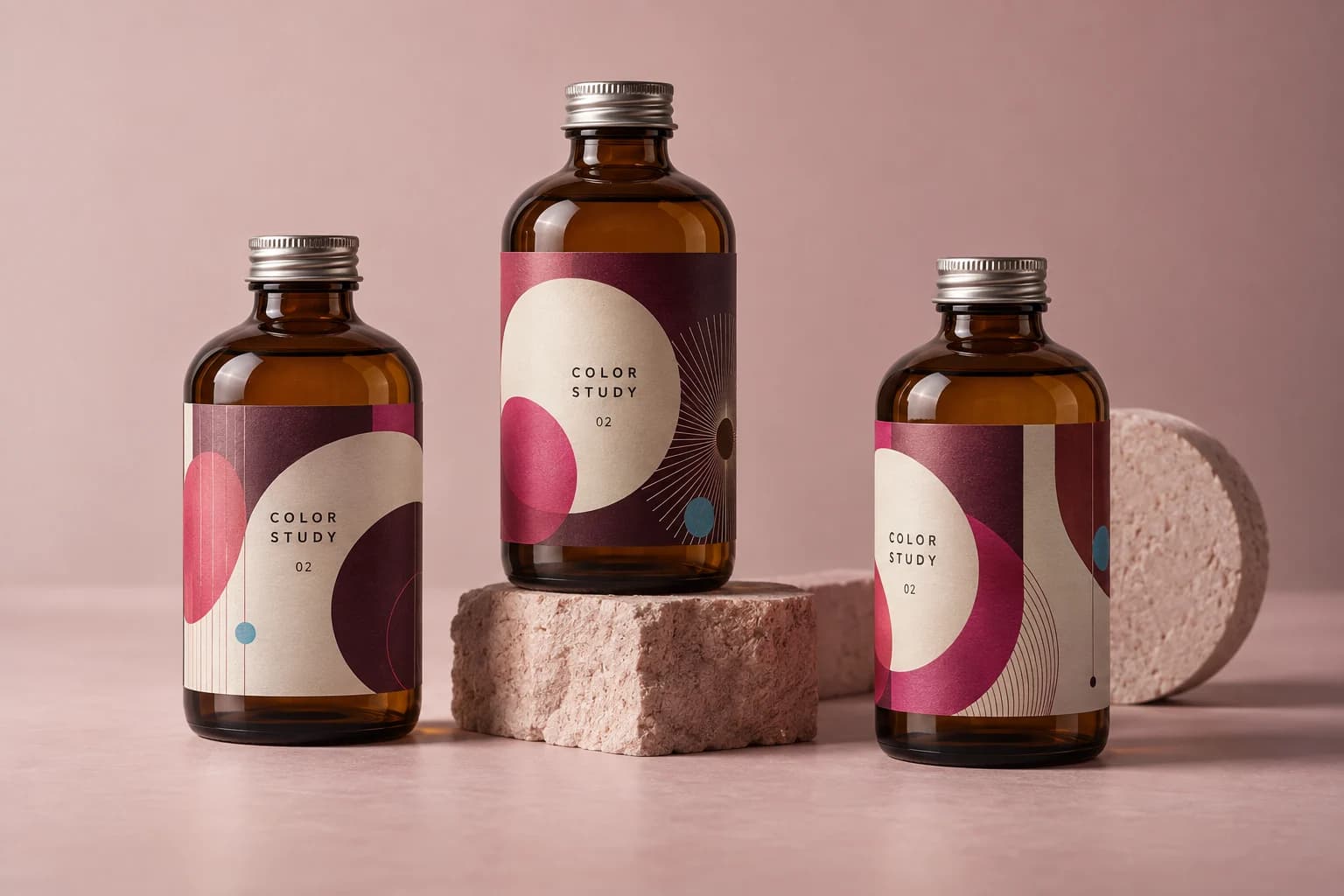 Generated concept of amber bottles with magenta geometric wraparound labels