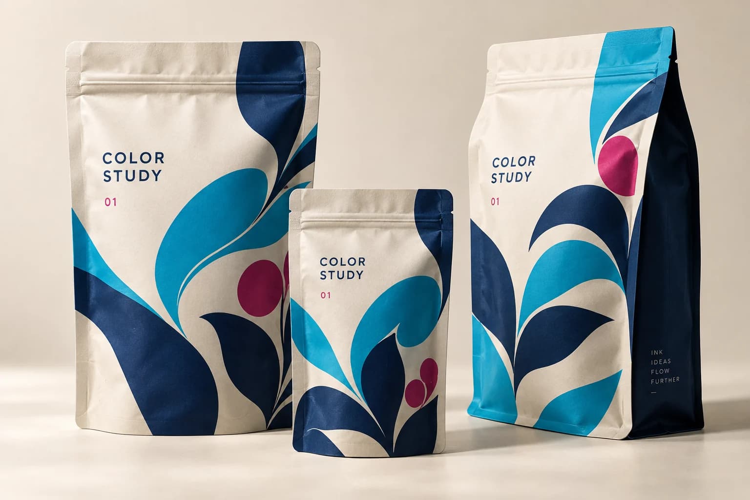 Generated concept of cyan and navy printed flexible pouches with sealed tops and side gussets