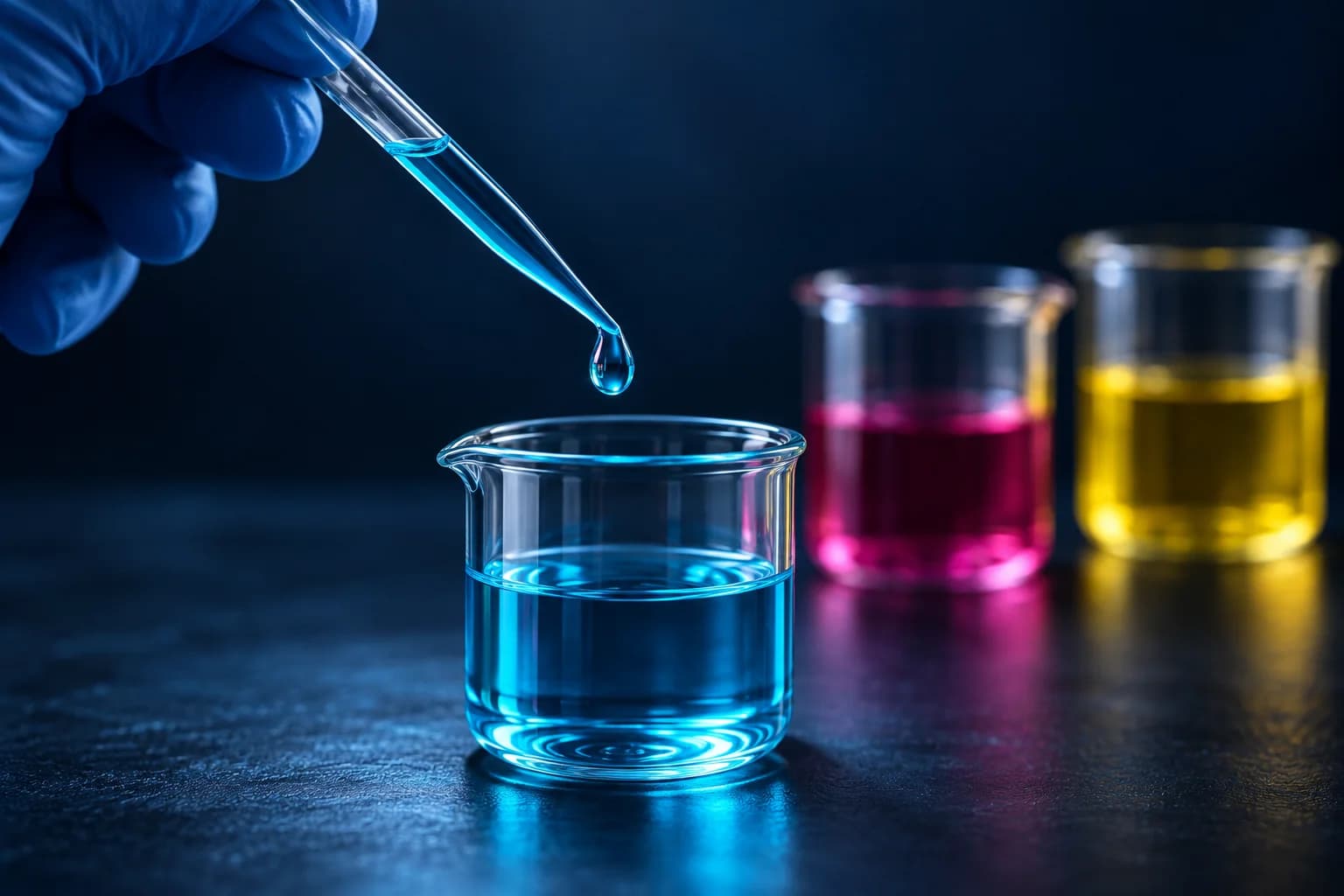 Conceptual color laboratory with a pipette, cyan ink and glass beakers