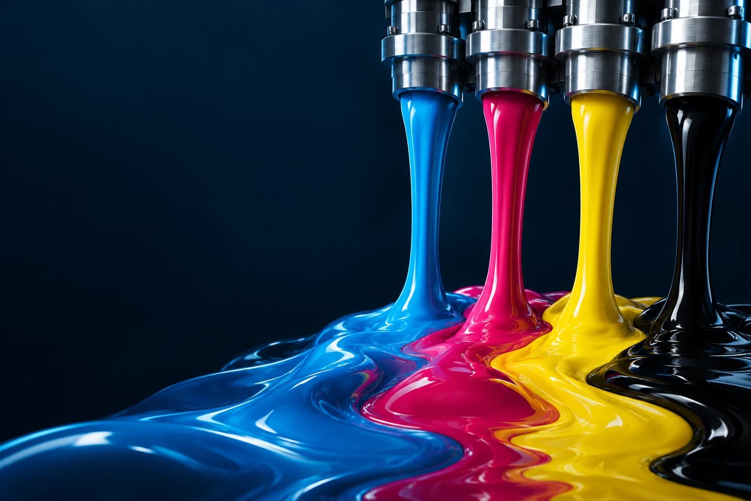 Conceptual cyan, magenta, yellow and black packaging inks flowing from steel dispensing heads