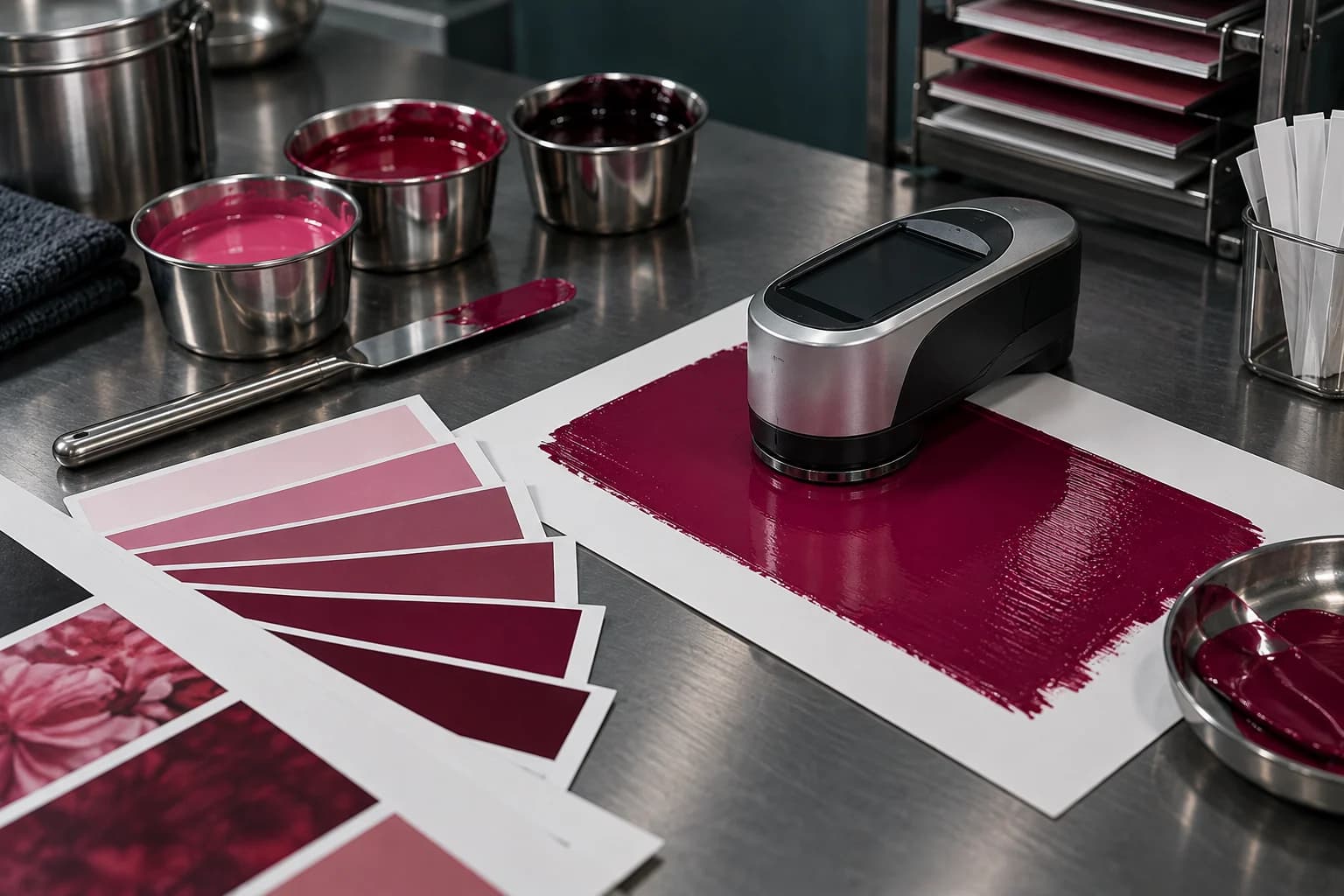 Conceptual ink color-matching workspace with a spectrophotometer, shade samples and mixing cups