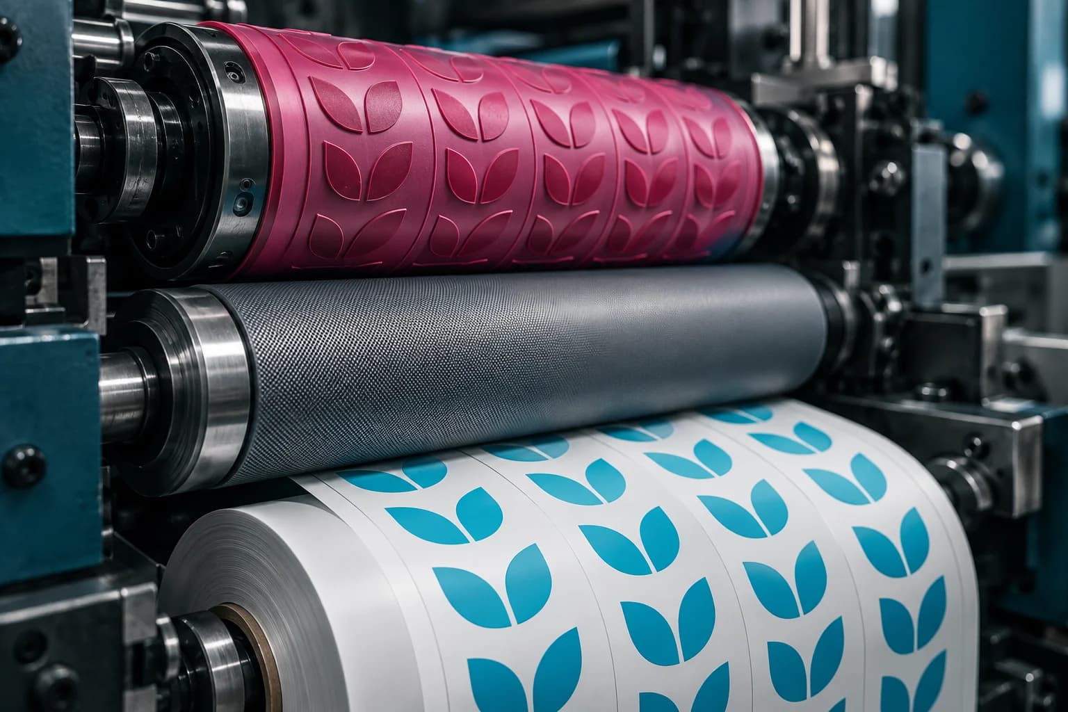 Conceptual flexographic press with a relief printing plate, anilox roller and continuous printed label web