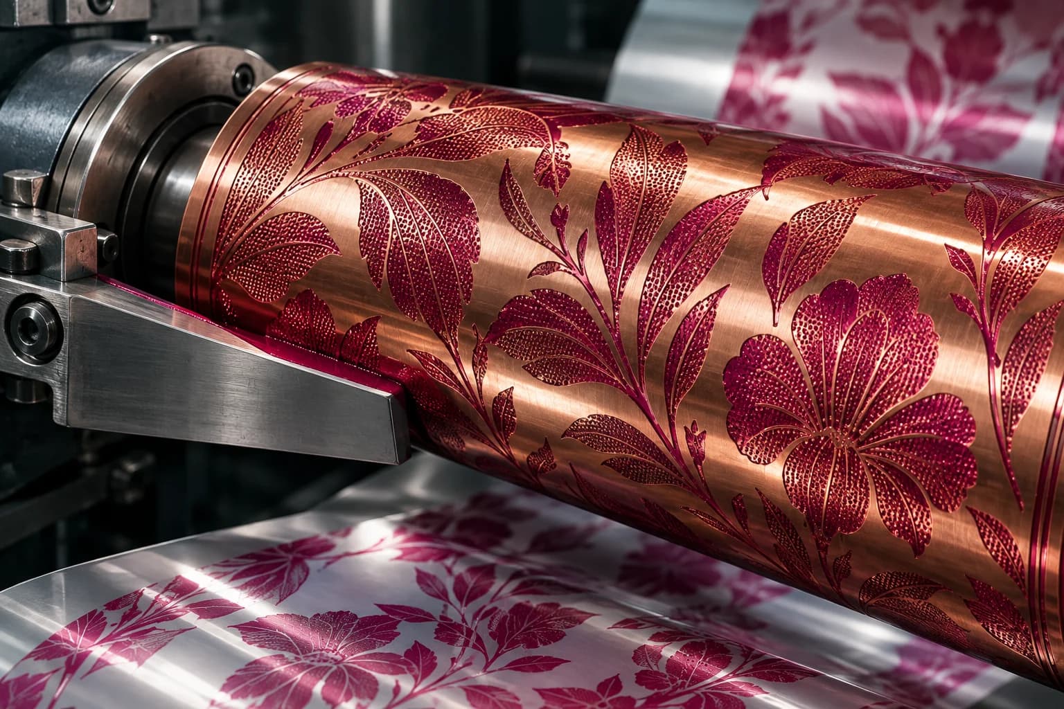 Conceptual engraved gravure cylinder with magenta ink and printed packaging film