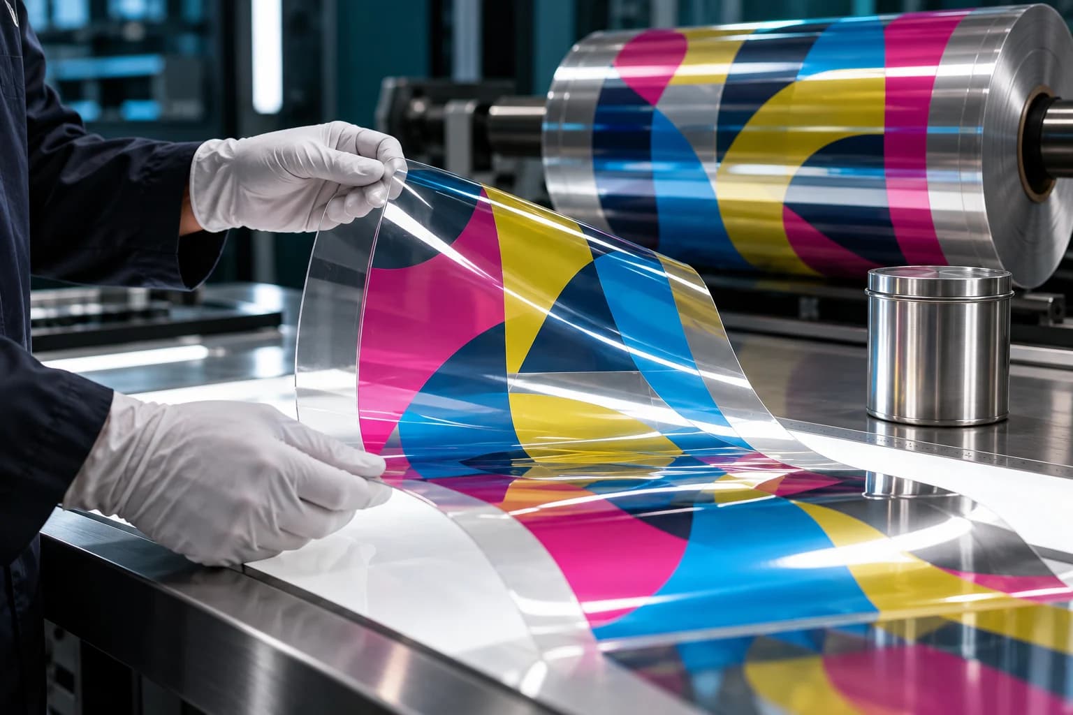 Conceptual solvent-based ink application on glossy transparent packaging film