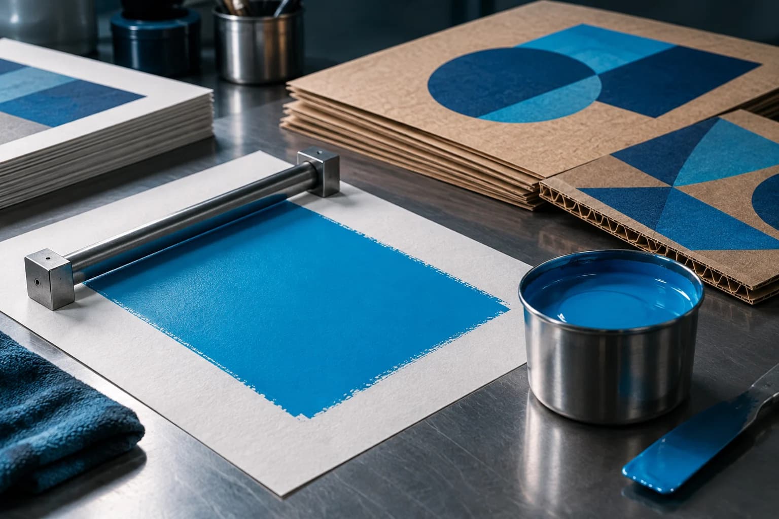 Conceptual water-based ink drawdown with cyan print samples on paper and corrugated board